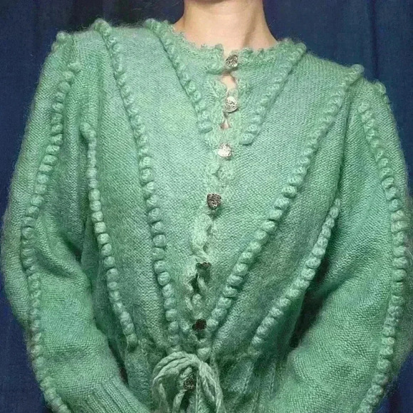 Vintage Lanamoden Salzburg Austrian Folk aqua  merino wool cardigan sweater - Picture 2 of 11